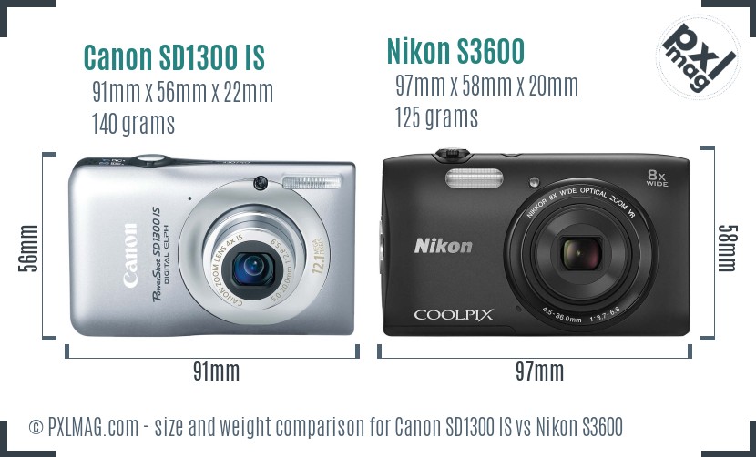 Canon SD1300 IS vs Nikon S3600 size comparison Canon SD1300 IS vs Nikon S3600 size comparison