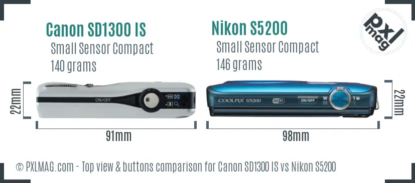 Canon SD1300 IS vs Nikon S5200 top view buttons comparison Canon SD1300 IS vs Nikon S5200 top view buttons comparison