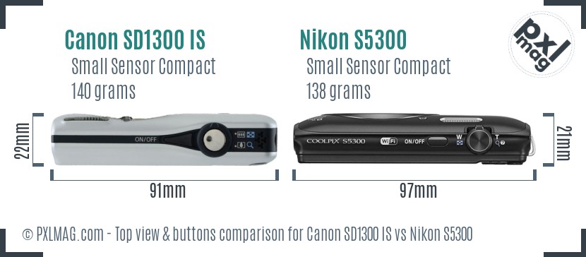 Canon SD1300 IS vs Nikon S5300 top view buttons comparison