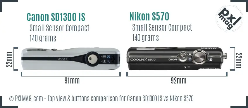 Canon SD1300 IS vs Nikon S570 top view buttons comparison