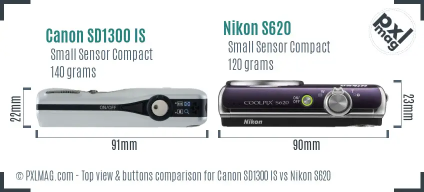 Canon SD1300 IS vs Nikon S620 top view buttons comparison