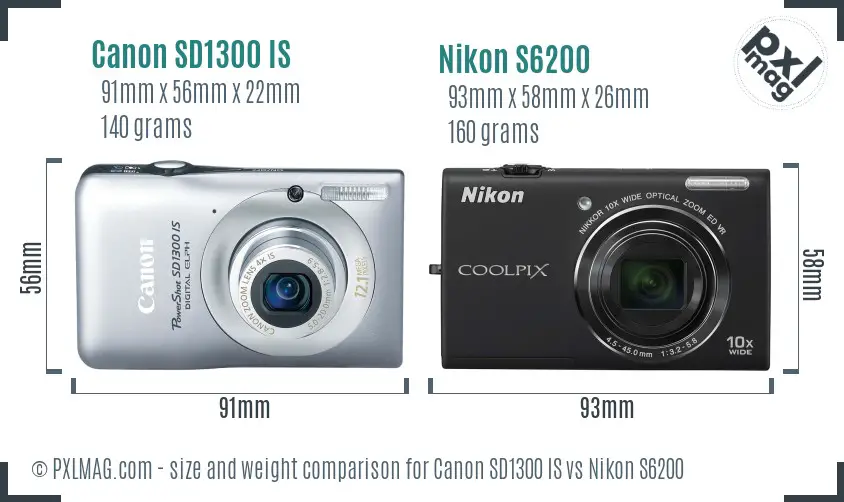 Canon SD1300 IS vs Nikon S6200 size comparison