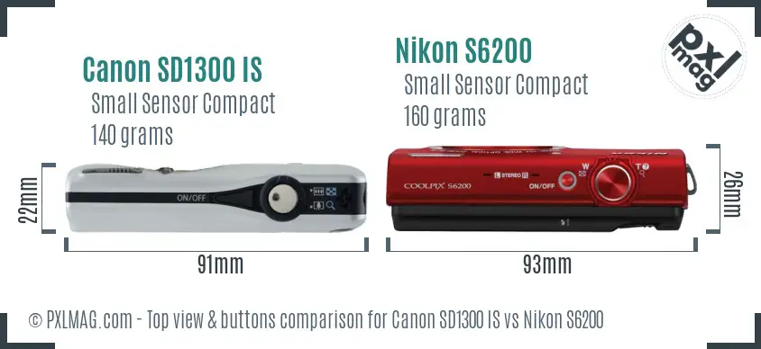 Canon SD1300 IS vs Nikon S6200 top view buttons comparison