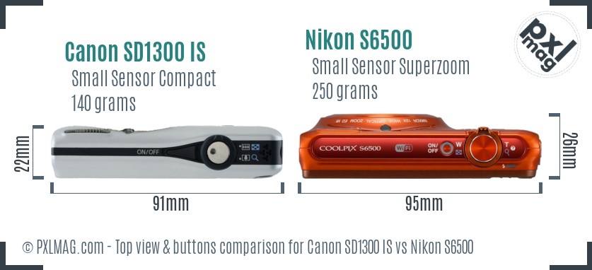 Canon SD1300 IS vs Nikon S6500 top view buttons comparison