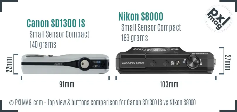 Canon SD1300 IS vs Nikon S8000 top view buttons comparison