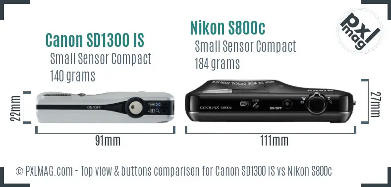 Canon SD1300 IS vs Nikon S800c top view buttons comparison