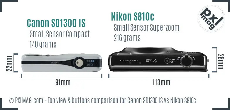 Canon SD1300 IS vs Nikon S810c top view buttons comparison