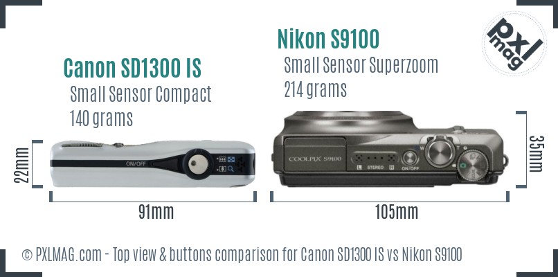 Canon SD1300 IS vs Nikon S9100 top view buttons comparison
