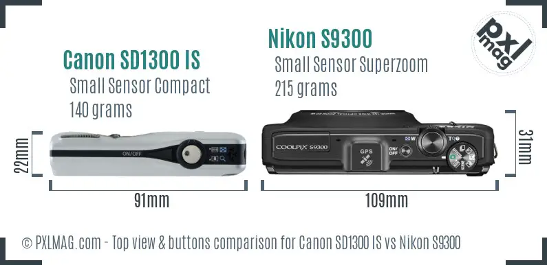 Canon SD1300 IS vs Nikon S9300 top view buttons comparison Canon SD1300 IS vs Nikon S9300 top view buttons comparison