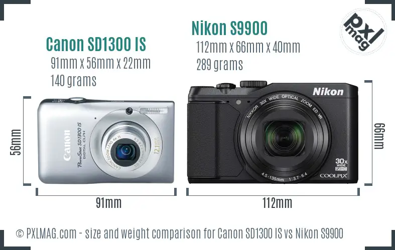 Canon SD1300 IS vs Nikon S9900 size comparison Canon SD1300 IS vs Nikon S9900 size comparison