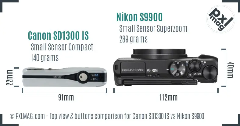 Canon SD1300 IS vs Nikon S9900 top view buttons comparison Canon SD1300 IS vs Nikon S9900 top view buttons comparison