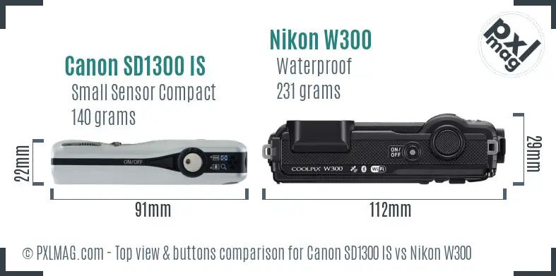 Canon SD1300 IS vs Nikon W300 top view buttons comparison