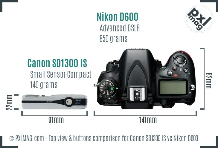 Canon SD1300 IS vs Nikon D600 top view buttons comparison
