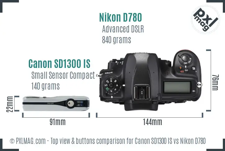 Canon SD1300 IS vs Nikon D780 top view buttons comparison