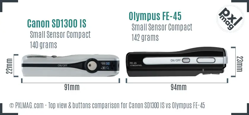 Canon SD1300 IS vs Olympus FE-45 top view buttons comparison