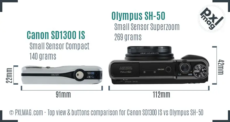 Canon SD1300 IS vs Olympus SH-50 top view buttons comparison Canon SD1300 IS vs Olympus SH-50 top view buttons comparison
