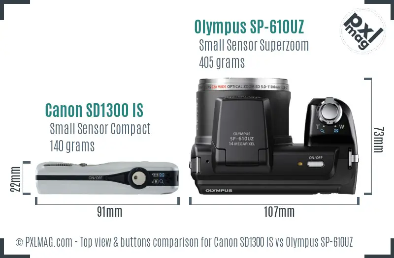 Canon SD1300 IS vs Olympus SP-610UZ top view buttons comparison
