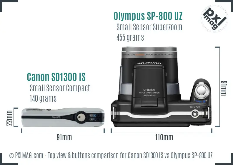 Canon SD1300 IS vs Olympus SP-800 UZ top view buttons comparison