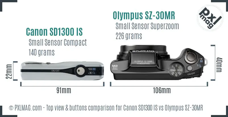 Canon SD1300 IS vs Olympus SZ-30MR top view buttons comparison