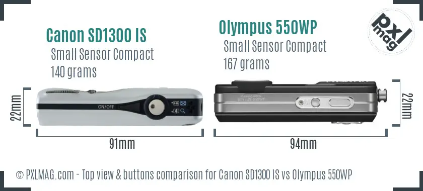 Canon SD1300 IS vs Olympus 550WP top view buttons comparison Canon SD1300 IS vs Olympus 550WP top view buttons comparison