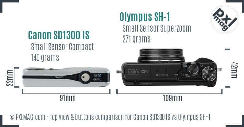 Canon SD1300 IS vs Olympus SH-1 top view buttons comparison