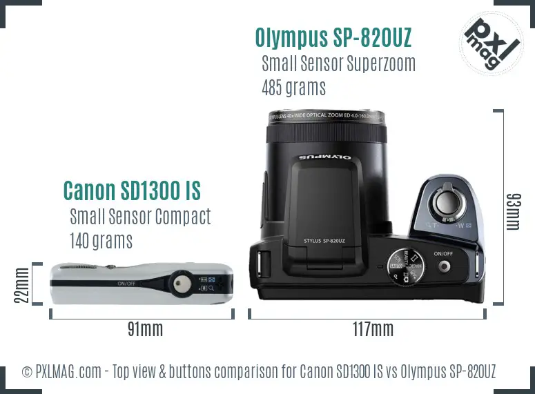 Canon SD1300 IS vs Olympus SP-820UZ top view buttons comparison