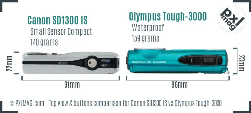 Canon SD1300 IS vs Olympus Tough-3000 top view buttons comparison