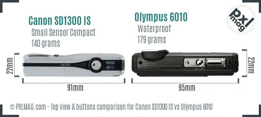 Canon SD1300 IS vs Olympus 6010 top view buttons comparison Canon SD1300 IS vs Olympus 6010 top view buttons comparison