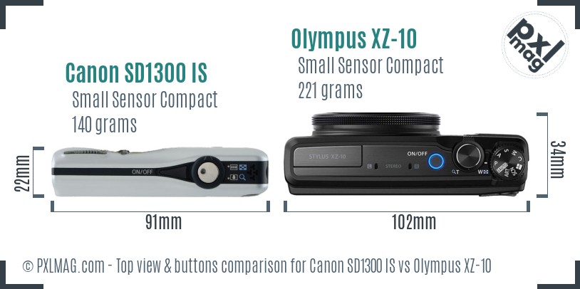 Canon SD1300 IS vs Olympus XZ-10 top view buttons comparison