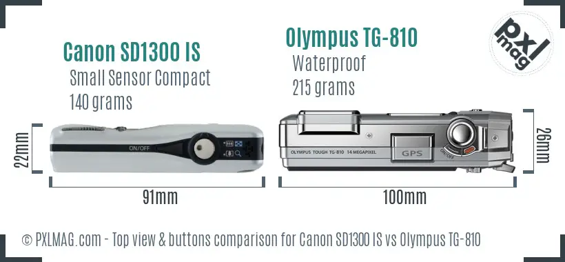 Canon SD1300 IS vs Olympus TG-810 top view buttons comparison Canon SD1300 IS vs Olympus TG-810 top view buttons comparison