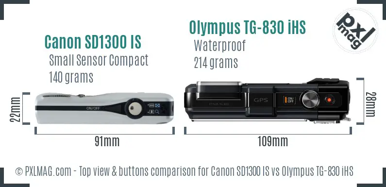 Canon SD1300 IS vs Olympus TG-830 iHS top view buttons comparison