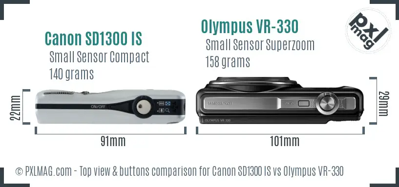 Canon SD1300 IS vs Olympus VR-330 top view buttons comparison