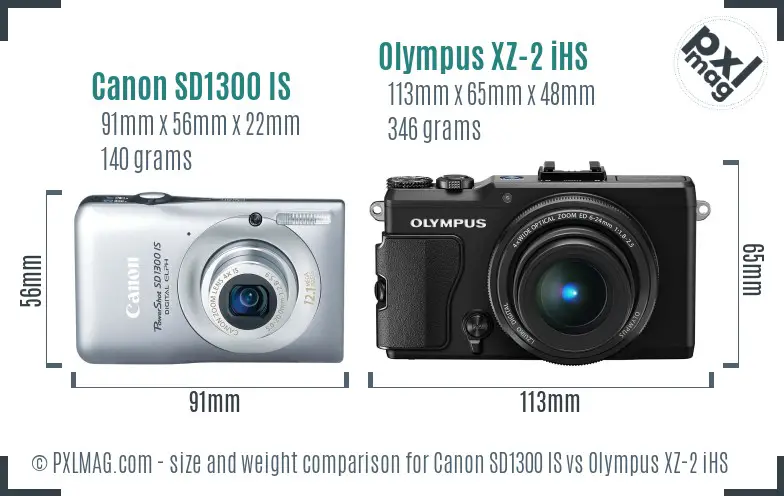 Canon SD1300 IS vs Olympus XZ-2 iHS size comparison