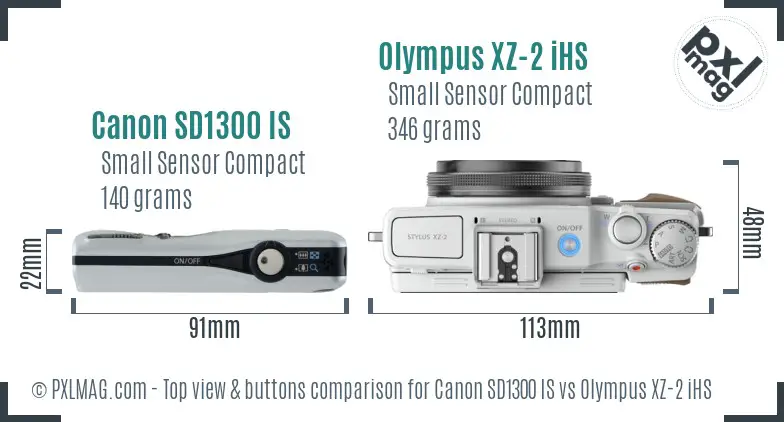 Canon SD1300 IS vs Olympus XZ-2 iHS top view buttons comparison
