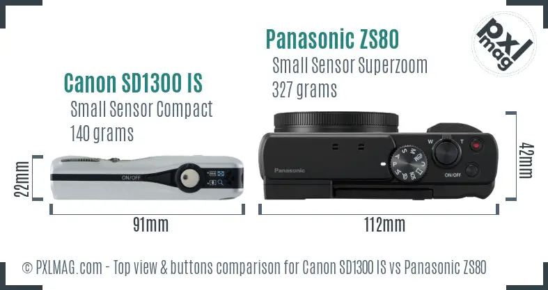 Canon SD1300 IS vs Panasonic ZS80 top view buttons comparison