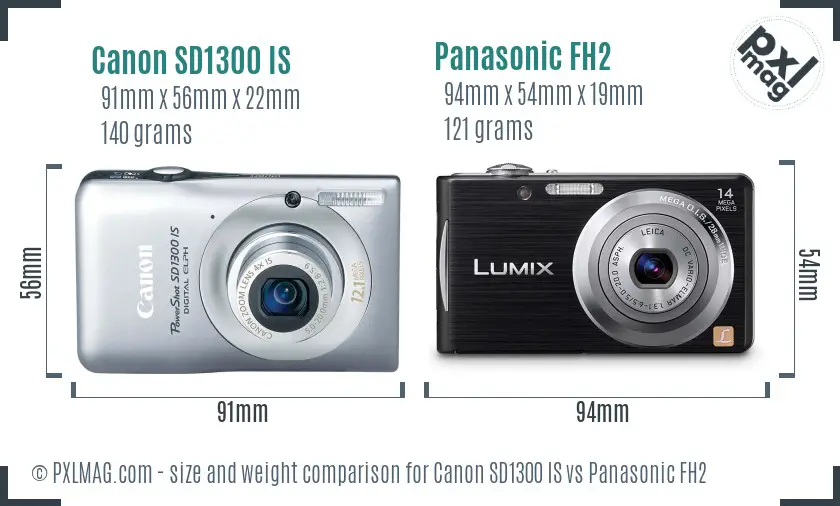 Canon SD1300 IS vs Panasonic FH2 size comparison
