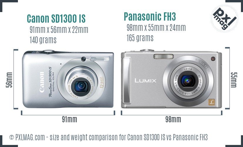 Canon SD1300 IS vs Panasonic FH3 size comparison