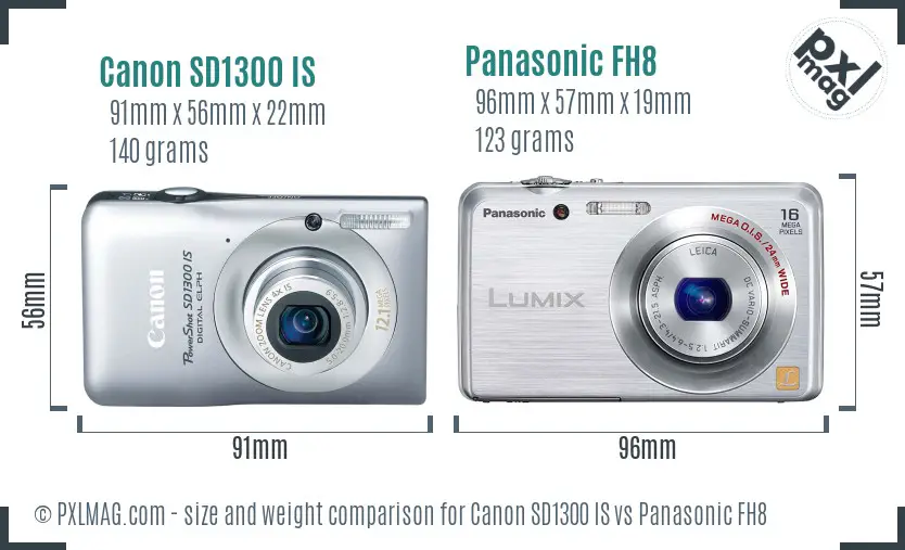 Canon SD1300 IS vs Panasonic FH8 size comparison