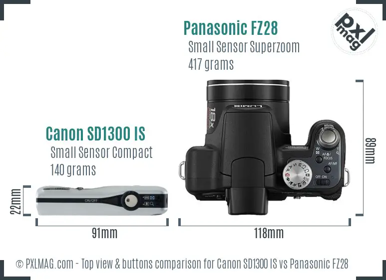 Canon SD1300 IS vs Panasonic FZ28 top view buttons comparison