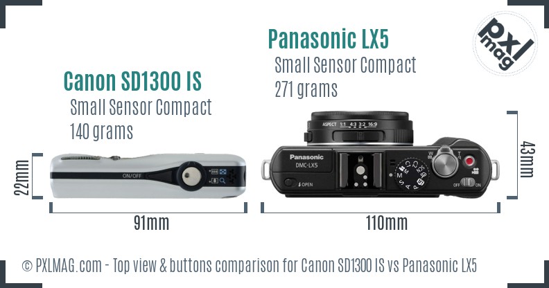 Canon SD1300 IS vs Panasonic LX5 top view buttons comparison