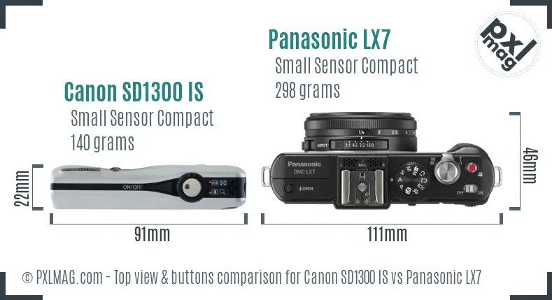 Canon SD1300 IS vs Panasonic LX7 top view buttons comparison