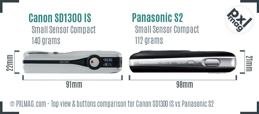 Canon SD1300 IS vs Panasonic S2 top view buttons comparison Canon SD1300 IS vs Panasonic S2 top view buttons comparison