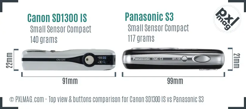 Canon SD1300 IS vs Panasonic S3 top view buttons comparison Canon SD1300 IS vs Panasonic S3 top view buttons comparison
