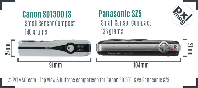 Canon SD1300 IS vs Panasonic SZ5 top view buttons comparison Canon SD1300 IS vs Panasonic SZ5 top view buttons comparison