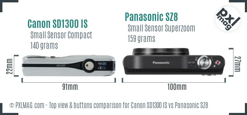Canon SD1300 IS vs Panasonic SZ8 top view buttons comparison