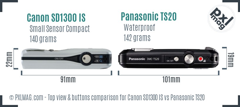 Canon SD1300 IS vs Panasonic TS20 top view buttons comparison