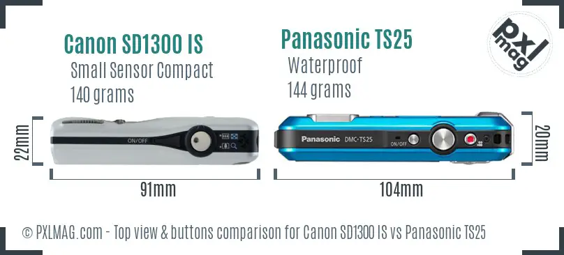 Canon SD1300 IS vs Panasonic TS25 top view buttons comparison