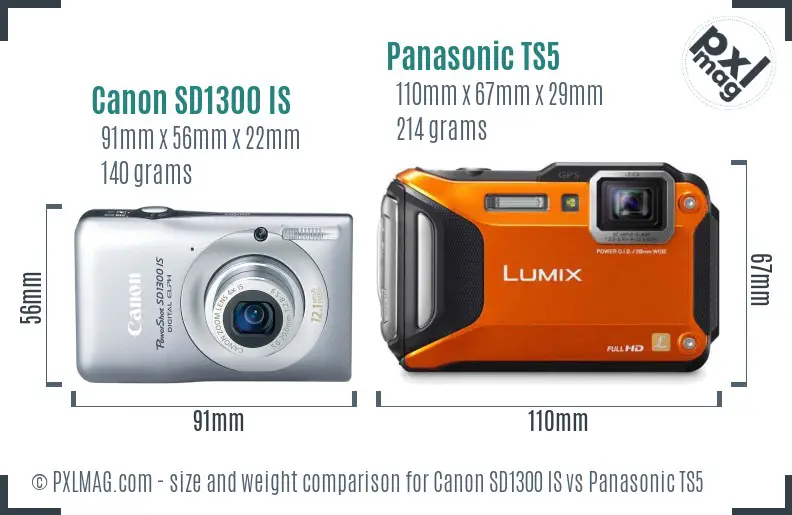 Canon SD1300 IS vs Panasonic TS5 size comparison