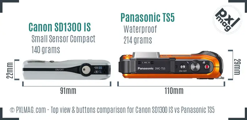 Canon SD1300 IS vs Panasonic TS5 top view buttons comparison