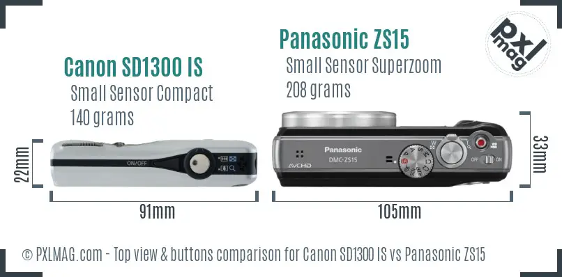 Canon SD1300 IS vs Panasonic ZS15 top view buttons comparison